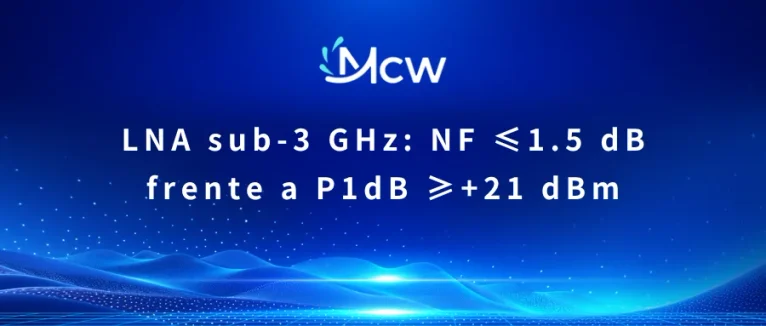 LNA sub-3 GHz NF ≤1.5 dB frente a P1dB ≥+21 dBm