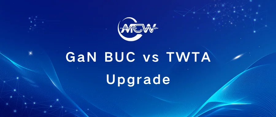 Comparison diagram showing legacy indoor TWTA installation with long waveguide runs versus compact antenna feed-mount Ku-band GaN BUC configuration